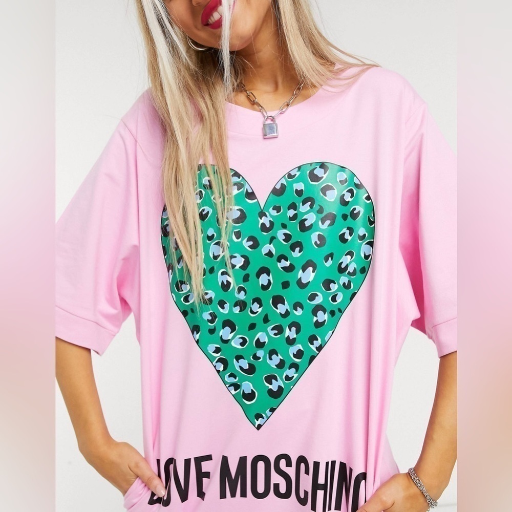 Love Moschino Abito Logo Tee T Shirt Dress in Pink Animal Print Heart Sz 4 - Picture 3 of 14